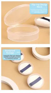 Clear round storage case for powder puffs with a flip-top lid for dust-proof protection