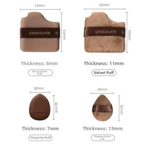 Detailed dimensions of chocolate-colored cushion and fingertip powder puffs set