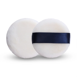 Round Powder Puff Soft Velvet Makeup Sponge For Loose Powder Foundation Wet Dry Application With Satin Ribbon Handle