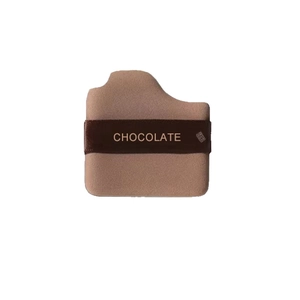 Chocolate bar shaped makeup puff with brown velvet strap and chocolate brand logo