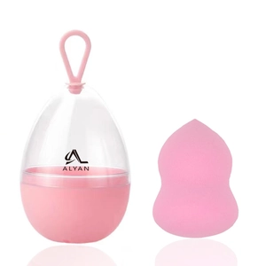 Pink gourd makeup sponge with protective egg-shaped storage case and hanging hook