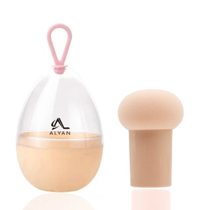 Detail of mushroom head makeup sponge and portable clear storage case with silicone strap