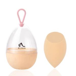 Detail of tear-drop makeup sponge with egg-shell storage case and silicone handle