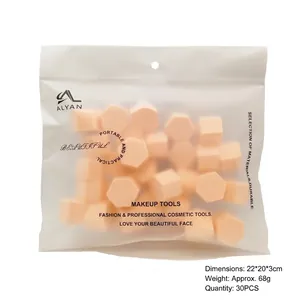 Macro shot of 30-piece peach geometric makeup sponges in a frosted pouch with dimensions