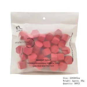 Bag of 30 red hexagon makeup sponges in frosted zipper packaging for cosmetic blending