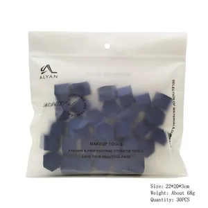 Detail of 30pcs dark blue square makeup sponges in a frosted zipper bag with dimensions