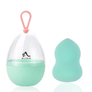 Detail of mint green gourd makeup sponge with a portable egg-shaped storage case