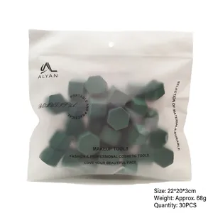 Detail view of 30-piece bulk pack hexagon makeup sponges in a frosted storage bag