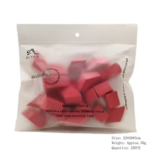 Matte zipper bag with 25 pink wedge makeup sponges showing dimensions 22x20x3cm