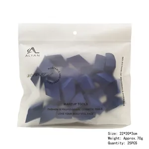 Detailed shot of 25pcs blue triangular makeup sponges in frosted packaging bag