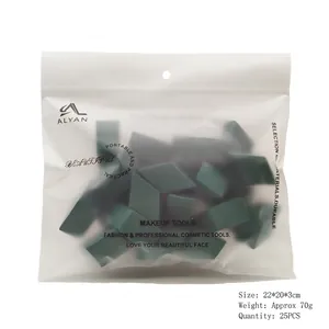 Set of 25 green diamond makeup sponges in matte frosted packaging with zip lock