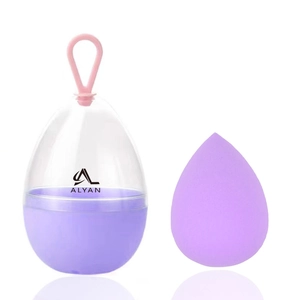Purple teardrop makeup sponge with portable egg-shaped storage case and silicone strap