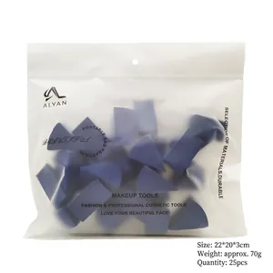 Detail of 25-piece blue triangle makeup sponges in matte frosted zipper bag packaging