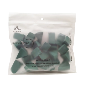 ALYAN forest green wedge makeup sponge set in a matte resealable bag for cosmetics