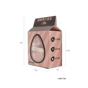 Detail view of pink makeup puff box dimensions 12x8.2x4cm with weight parameters