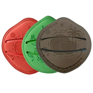 Three-piece tropical embossed makeup sponge set in red, green, and brown tones