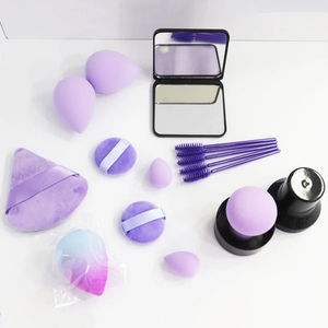 Set de maquillage violet 16 pièces avec éponges, pinceaux et miroir de courtoisie