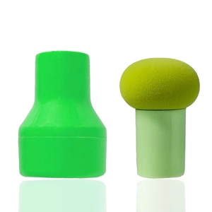 Détail du pinceau éponge de maquillage champignon avec étui en tons vert clair