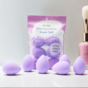 Purple makeup sponge set with six super soft teardrop blenders in a branded pouch