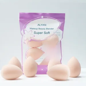 Detail of 6-piece pink beauty blender set in a matte resealable stand-up storage pouch