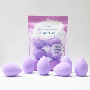 Detailed view of super soft purple teardrop makeup sponges in ALYAN branded packaging