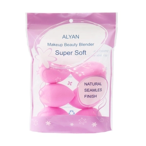 Set of 6 super soft pink makeup sponges for a natural seamless finish in a zip bag
