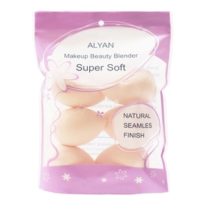 Detail view of 6 super soft drop-shaped makeup sponges in clear purple zipper packaging