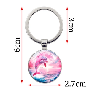 Pink dolphin jumping out of water pendant keychain with 6cm total height and silver ring