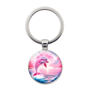 Ocean Life Dolphin Orca Metal Keychain Round Time Gem Glass Cabochon Pendant Key Ring For Car Bag Souvenir Gifts For Friends