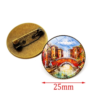 25mm Venice oil painting style glass cabochon brooch with antique bronze metal base