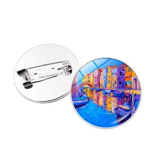 Macro detail of Venice oil painting brooch with silver metal backing and pin closure