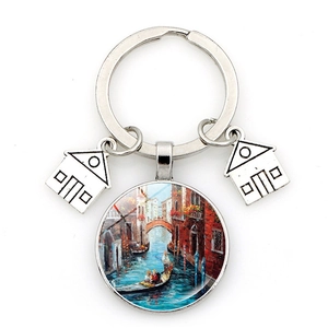 Silver Venice oil painting keychain with round glass pendant and hollow house charms