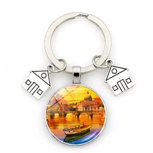 Artistic Venice oil painting keychain with house charms on a polished metal ring