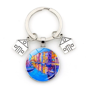 Artistic Venice canal oil painting keychain with silver hollow house charms on white base