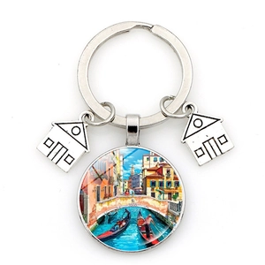 Venice Scenery Oil Painting Keychain Zinc Alloy Glass Art Water City Pendant House Charms Travel Souvenir Gift