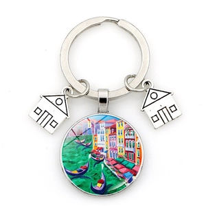 Artistic Venice oil painting keychain with silver metal house pendants and glass cabochon