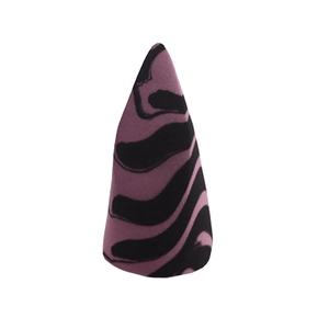Detailed view of cone-shaped makeup sponge with unique purple and black zebra patterns