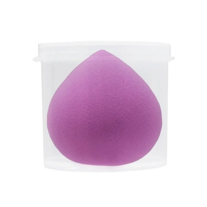 Soft purple teardrop makeup sponge in a transparent round container with lid