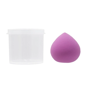 Soft purple teardrop makeup sponge blender with a clear portable storage case