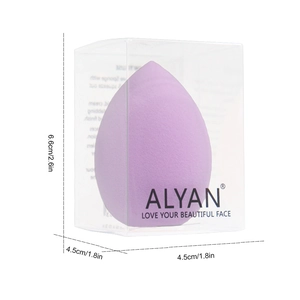 Detailed size view of purple teardrop makeup sponge in clear case with dimensions