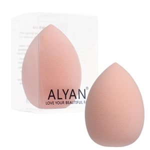 Pink teardrop makeup sponge made of soft skin-friendly material with clear box packaging
