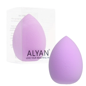 Soft purple teardrop makeup sponge set in clear storage box for wet and dry application