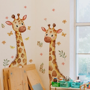 Watercolor giraffe wall stickers with butterflies and leaves for kids bedroom decoration