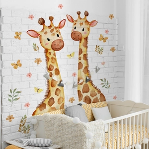 Watercolor giraffe wall decals with butterflies and flowers for nursery room wall decor