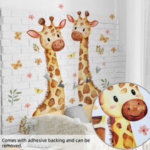 Detail of self-adhesive watercolor giraffe and butterfly wall decals for children rooms
