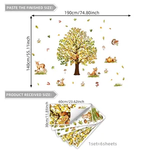 Stickers muraux forêt d'automne avec arbre doré et animaux mesurant 190x140cm