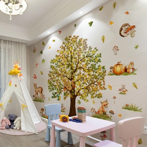 Stickers muraux forêt d'automne avec grand arbre, renards et cerfs pour chambre d'enfant