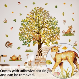 Stickers muraux forêt d'automne avec animaux et arbres dotés d'un support adhésif