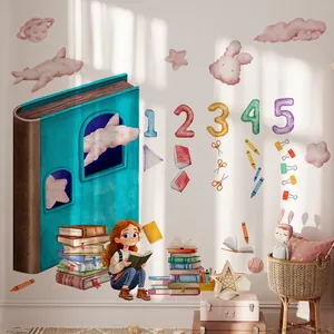 Hand-painted girl reading clouds wall sticker for cozy kids' bedroom decor