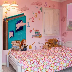 Cartoon girl reading books wall decals with colorful numbers for kids bedroom decor